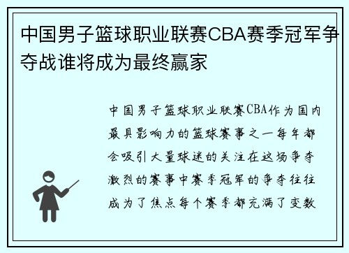 中国男子篮球职业联赛CBA赛季冠军争夺战谁将成为最终赢家